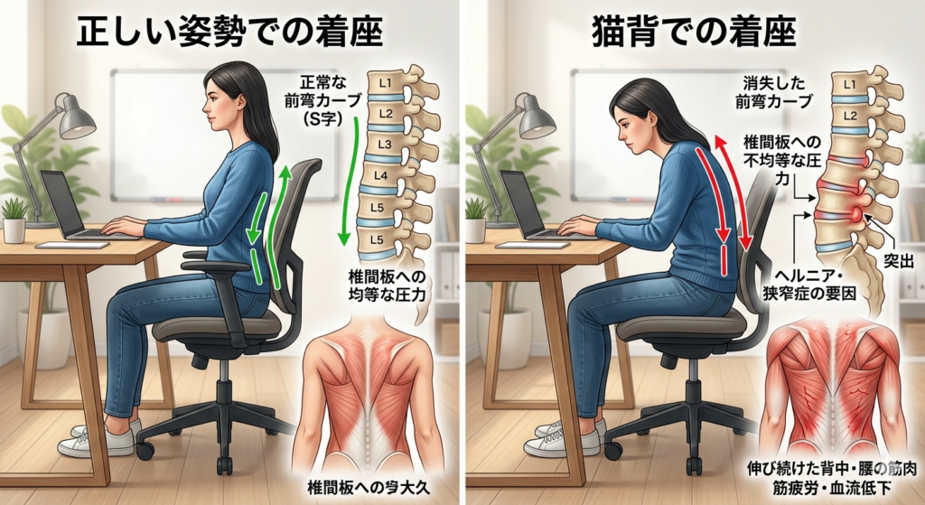 正しい姿勢と猫背での着座比較
