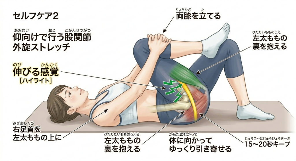 仰向けで行う股関節外旋ストレッチ