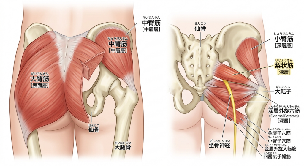 お尻の筋肉の構造（大殿筋・中殿筋・小殿筋・梨状筋）