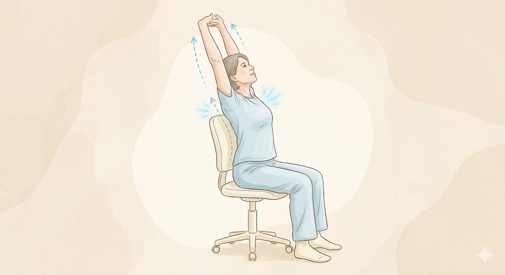 椅子に座って腕を上に伸ばすストレッチをしている女性のイラスト
