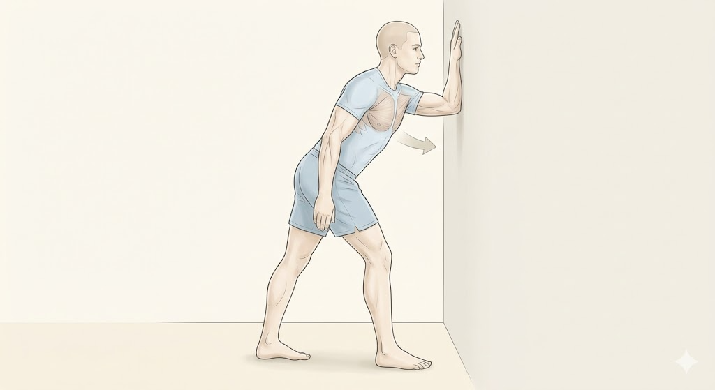 壁を使った胸を開くストレッチのやり方