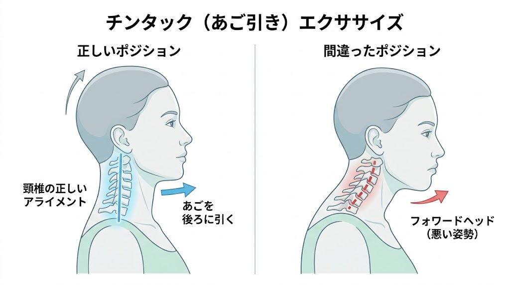 あごを引く体操(チンタック)の実演:前後の動きの比較