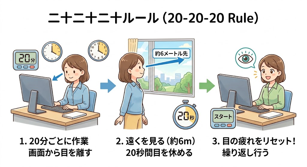 20-20-20ルールの解説図：20分ごとに20フィート先を20秒見る
