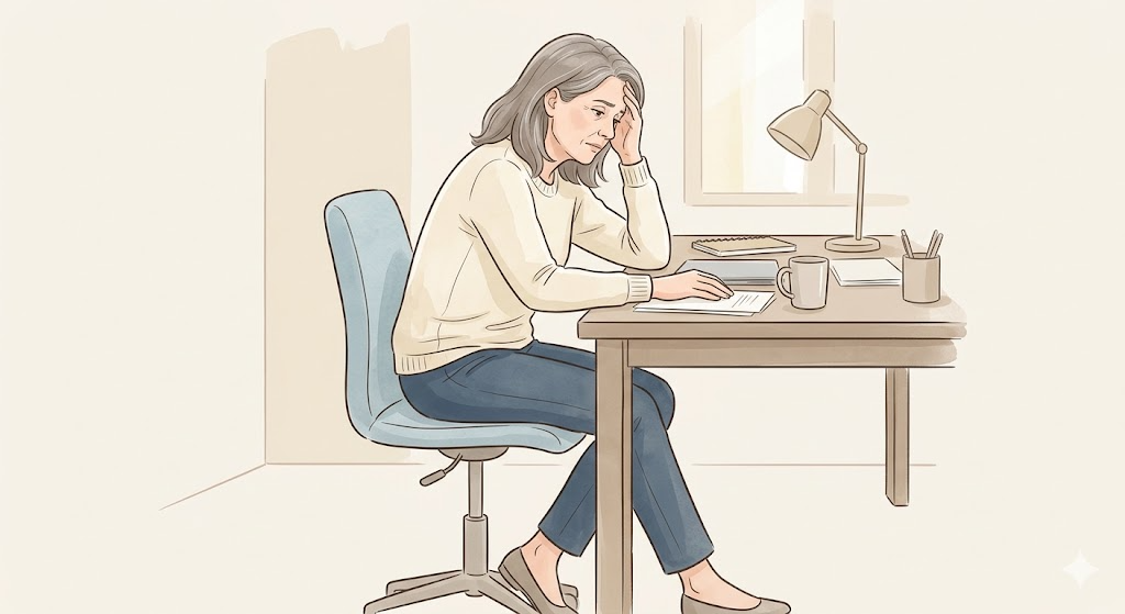 デスクで疲れを感じている40代女性のイラスト