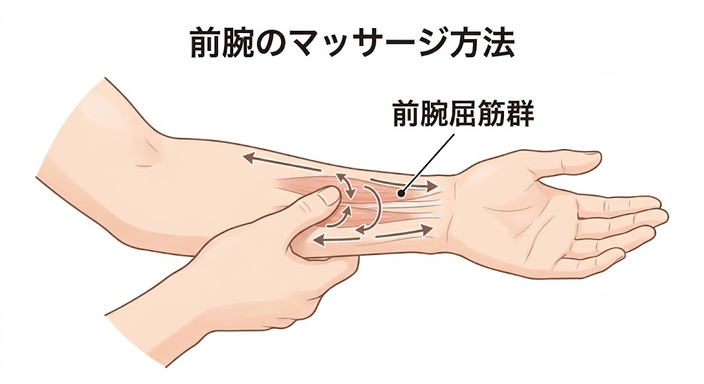 親指で前腕をほぐすセルフマッサージの実演