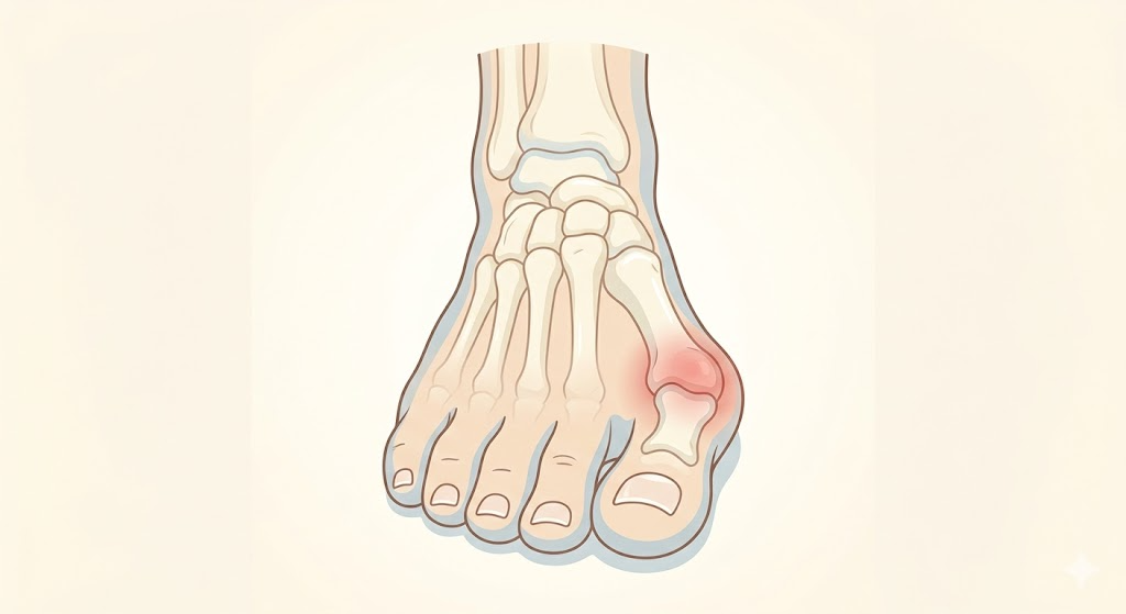 外反母趾の足の解剖イラスト:親指が外側に曲がり付け根が腫れている状態