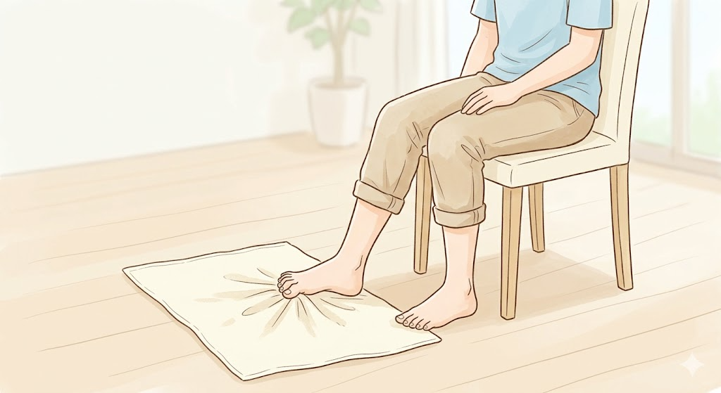 タオルギャザー運動:椅子に座って足の指でタオルをたぐり寄せるイラスト