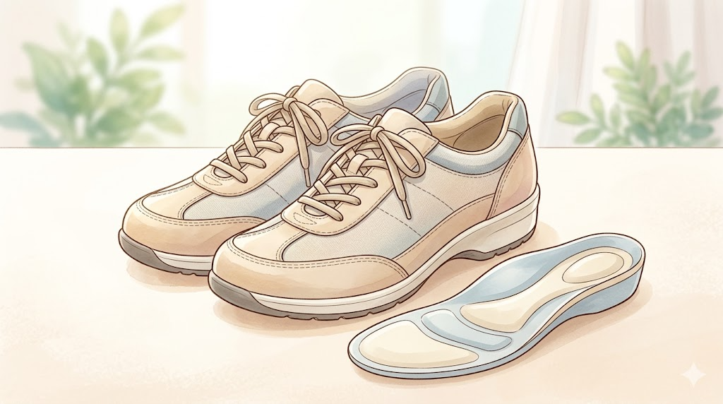 外反母趾に良い靴選び:幅広で低ヒールの靴とインソールのイラスト