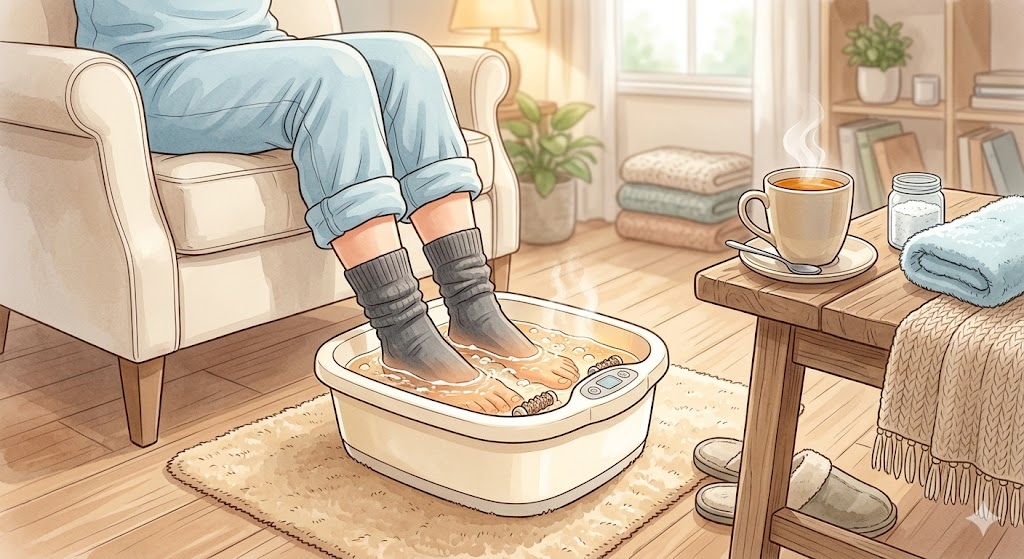 足湯で冷え性を改善するイラスト