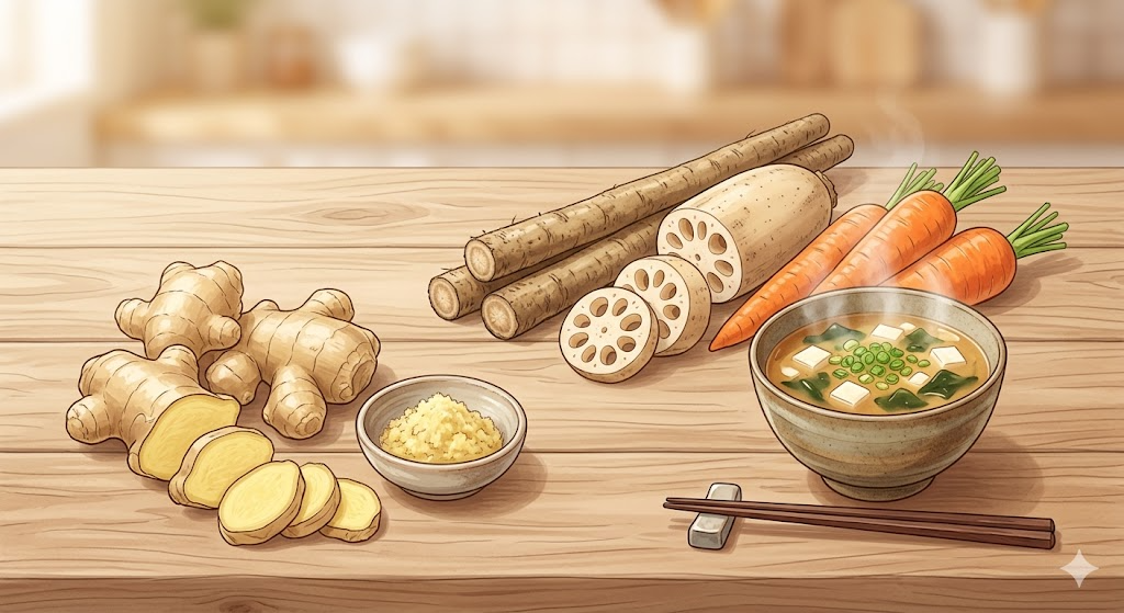冷え性改善に効果的な温め食材（生姜・根菜・味噌汁）のイラスト