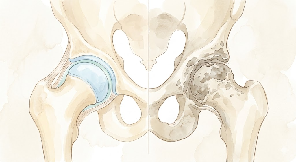変形性股関節症の股関節断面図（健常と摩耗の比較）