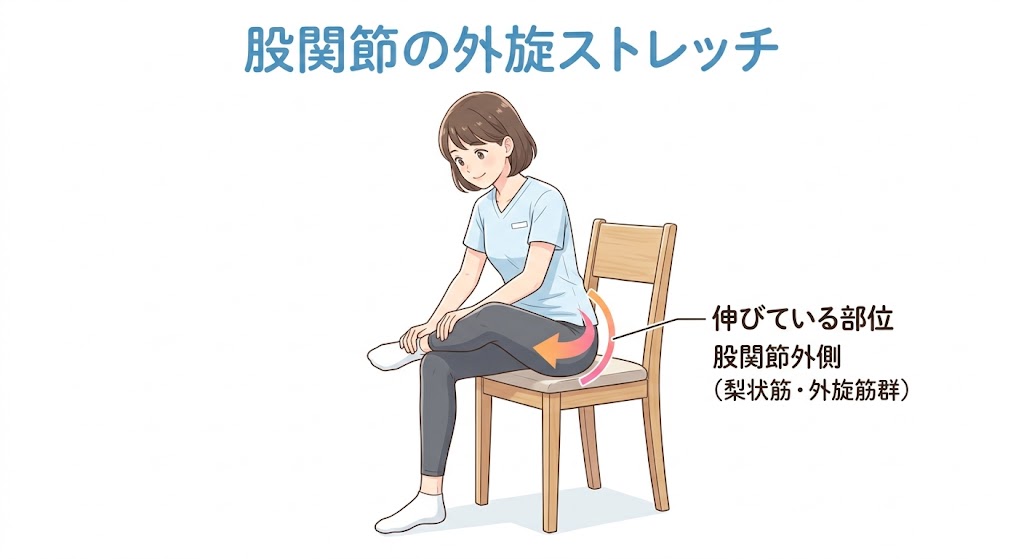 仰向けで行う股関節外旋筋群のストレッチの実演