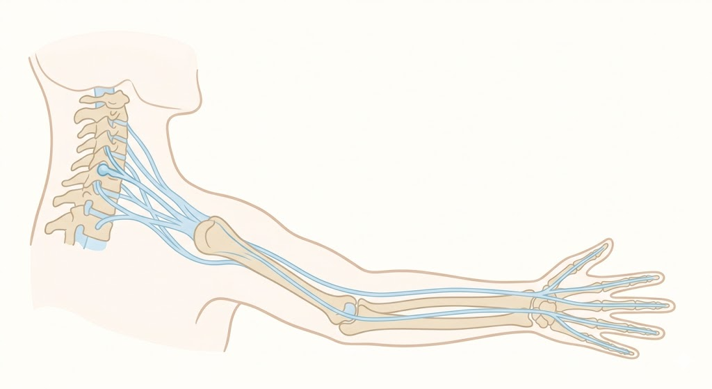 首から腕にかけての神経の走行を示す解剖図イラスト