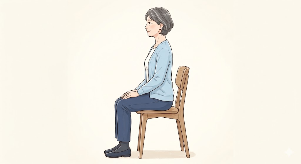 椅子に座り横向きであご引きエクササイズをする女性のイラスト
