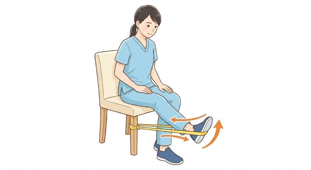 椅子に座ってゴムバンドを足の甲に巻いて足首を外側に動かすトレーニング