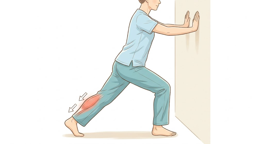 壁に手をついて片脚を後ろに引きかかとを床につけてふくらはぎを伸ばすストレッチ