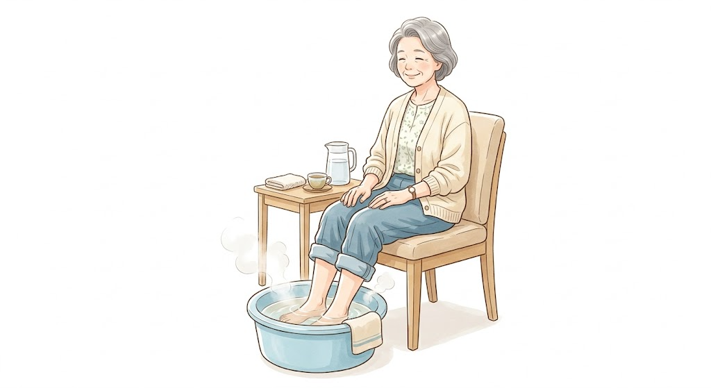 椅子に座って温かいお湯に足を浸けてフットバスをしている女性