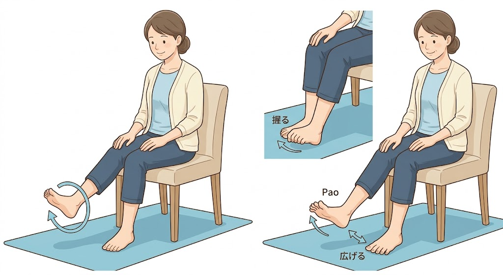 椅子に座って足首をゆっくり回す運動と足の指を開閉する運動
