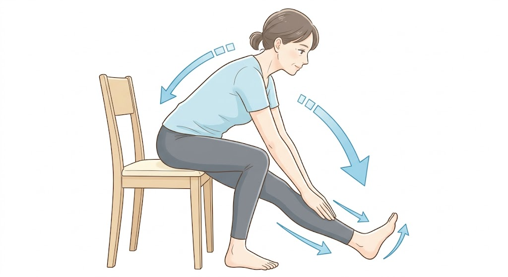 椅子に浅く座り片脚を前に伸ばして上半身を前傾させるハムストリングスストレッチ