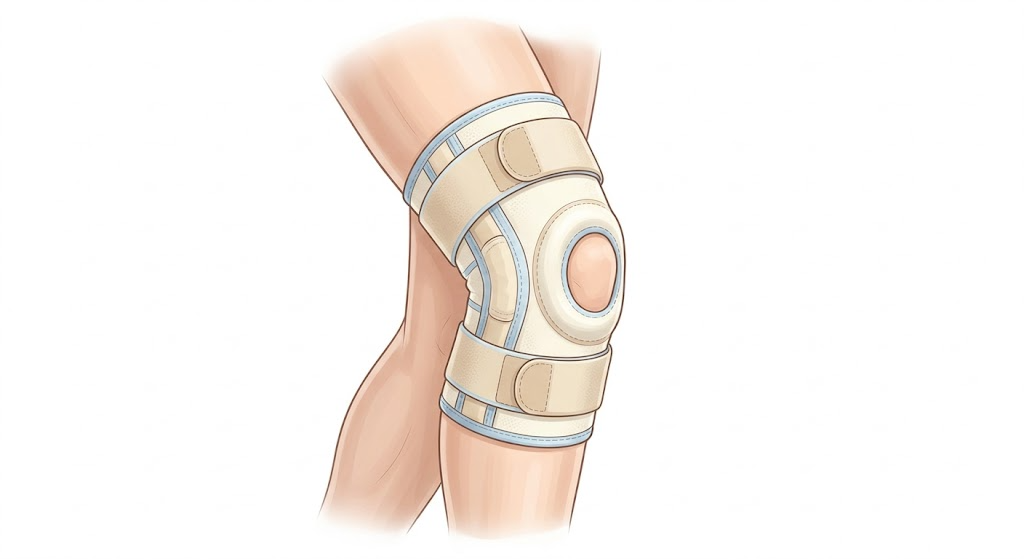 膝サポーターを装着して歩いている様子と運動時のみ使用する説明