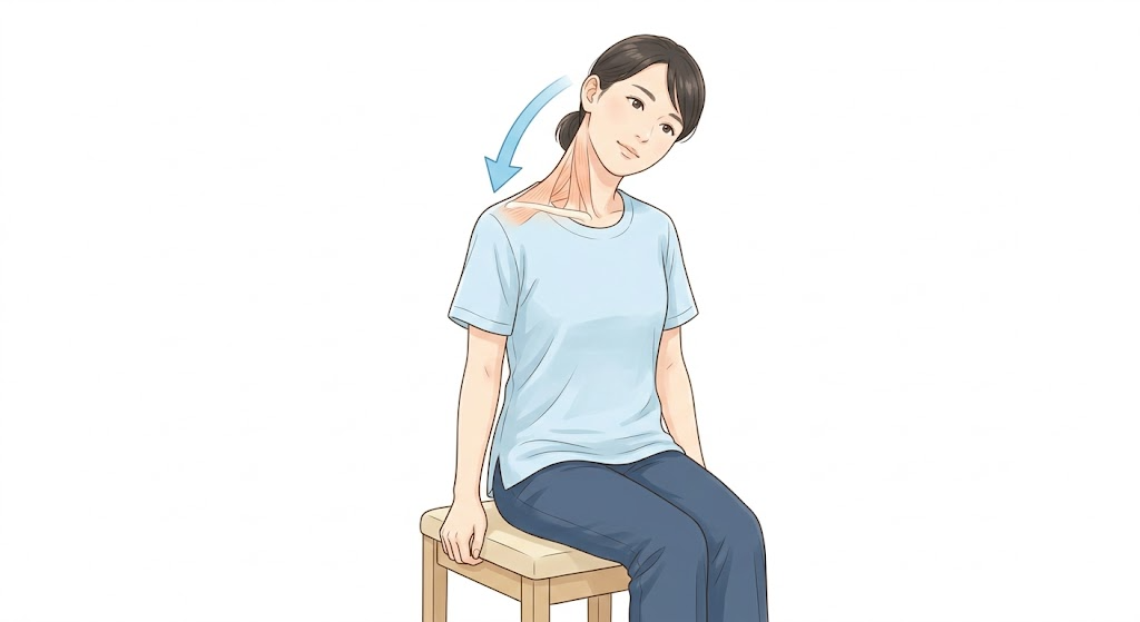 椅子に座って首をゆっくり横に傾けて首の側面を伸ばすストレッチ