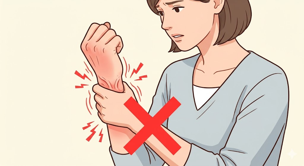 腱鞘炎のNG行動:手首を強くもみほぐすのはNG(赤いXマーク付き)