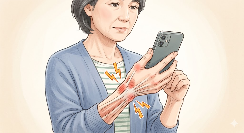 スマートフォンの片手持ちで手首に痛みが出ている50代女性のイラスト