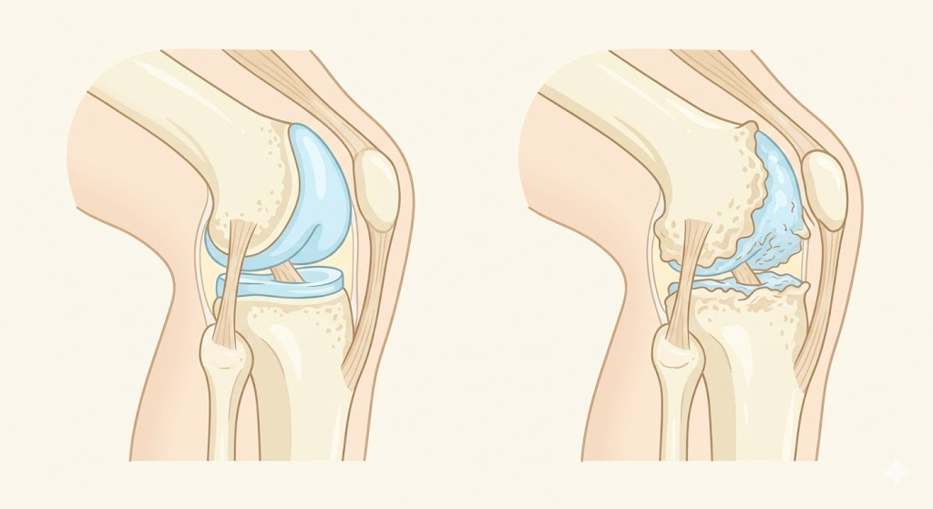膝関節の断面図：正常な軟骨とすり減った軟骨の比較