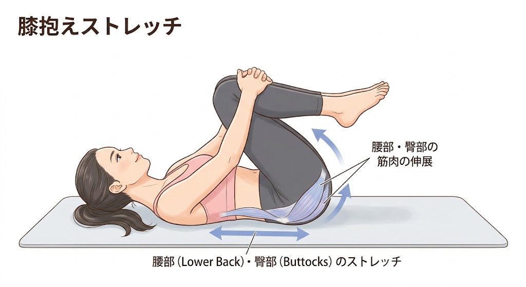 仰向けで両膝を抱える腰のストレッチの実演