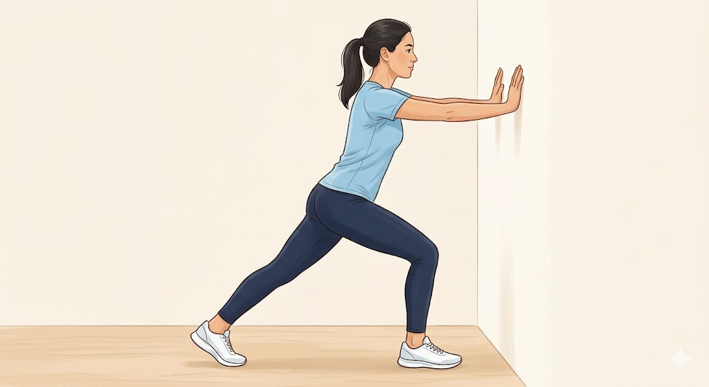 壁に手をついてアキレス腱・ふくらはぎをストレッチしている女性