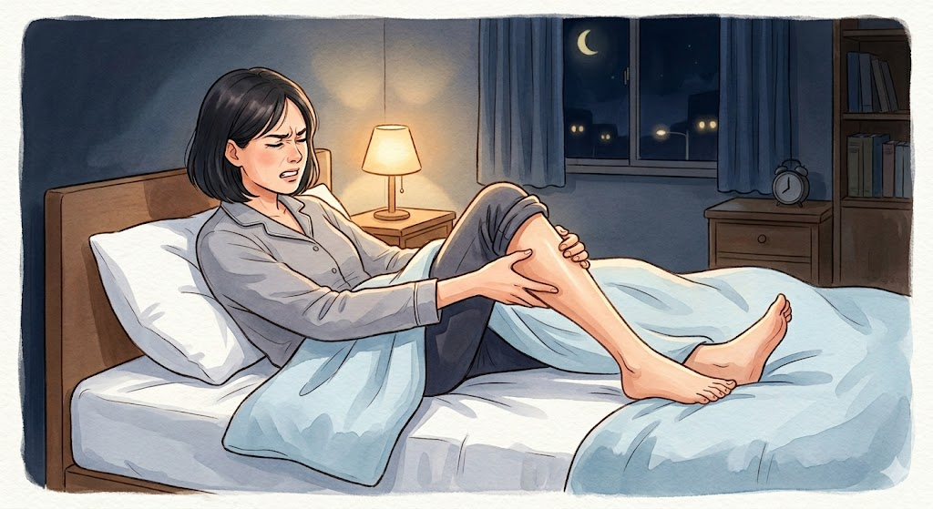 夜中に足がつって目が覚めた女性のイラスト