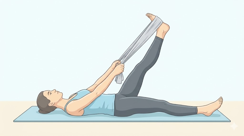 仰向けでタオルを使ってふくらはぎを伸ばすストレッチ