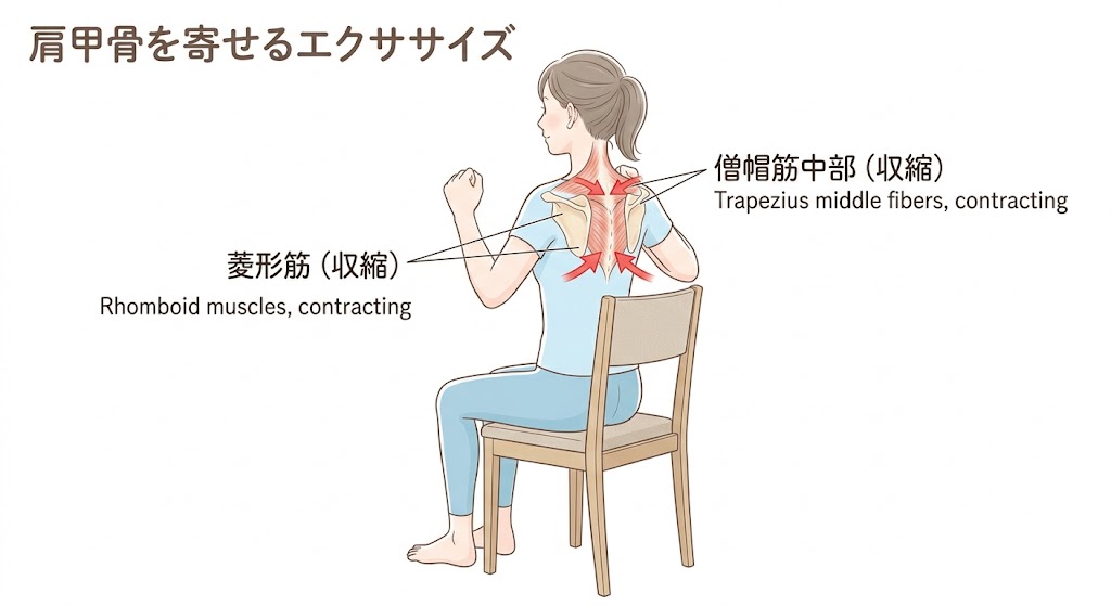 肩甲骨を引き寄せて胸を開く運動の実演