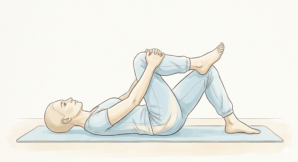 仰向けで行う膝抱えストレッチのイラスト