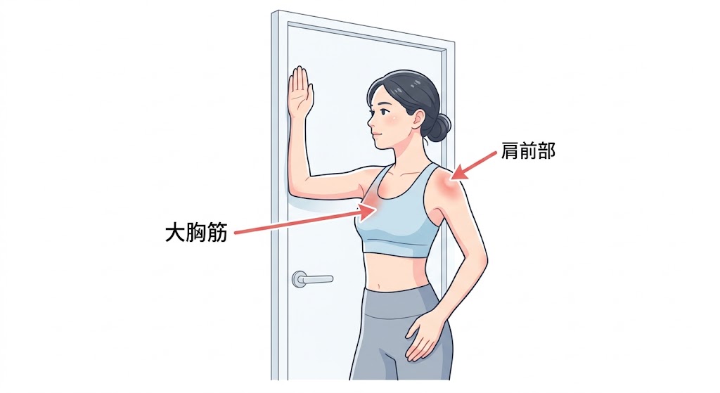 ドアフレームを使って胸を開くストレッチの実演