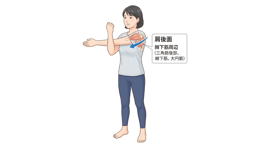 腕を体の前で引き寄せる肩の後面ストレッチの実演