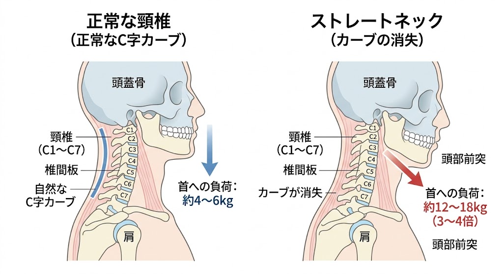 正常な頸椎のカーブとストレートネックの比較図