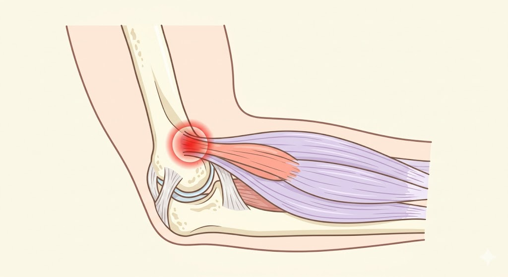 テニス肘（外側上顆炎）の肘外側解剖イラスト。炎症部位が赤くハイライトされている