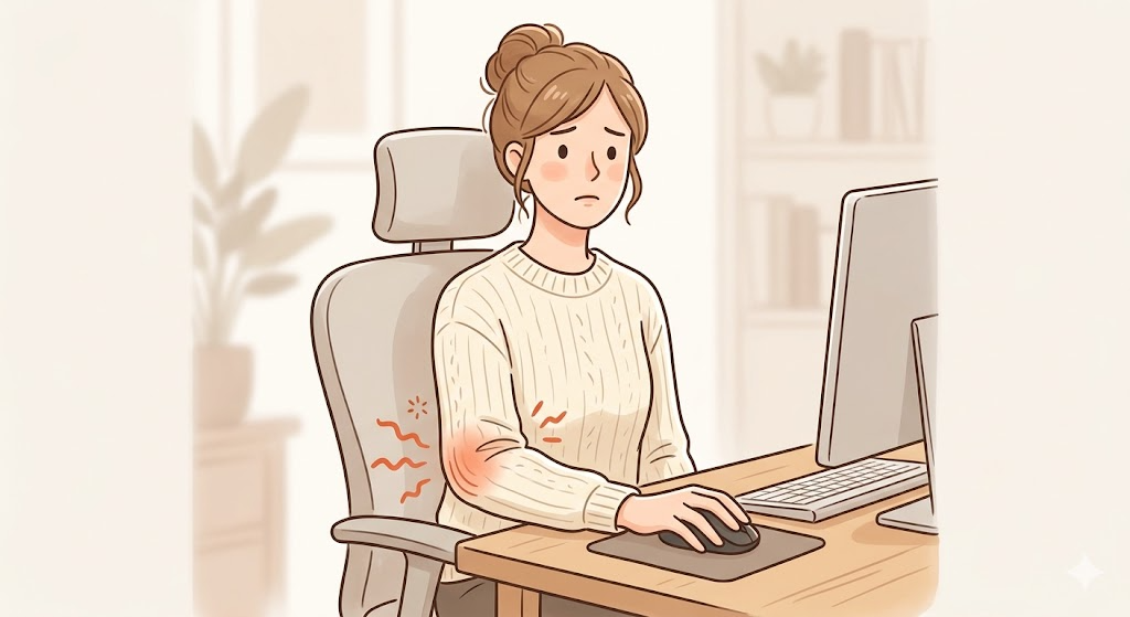 パソコンのマウス操作で肘の外側に痛みが生じる女性のイラスト