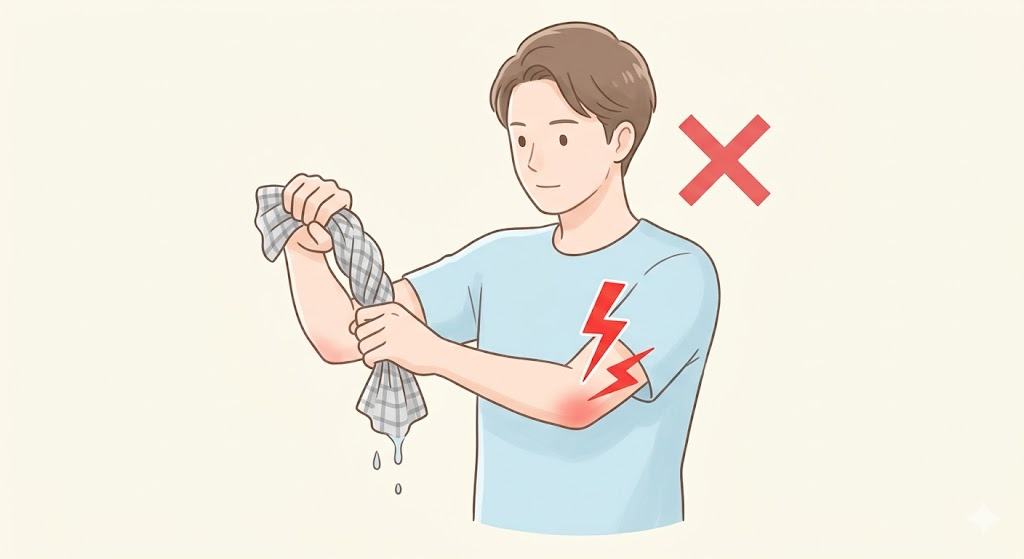 テニス肘のNG動作：雑巾絞りで肘に痛みが走るイラスト