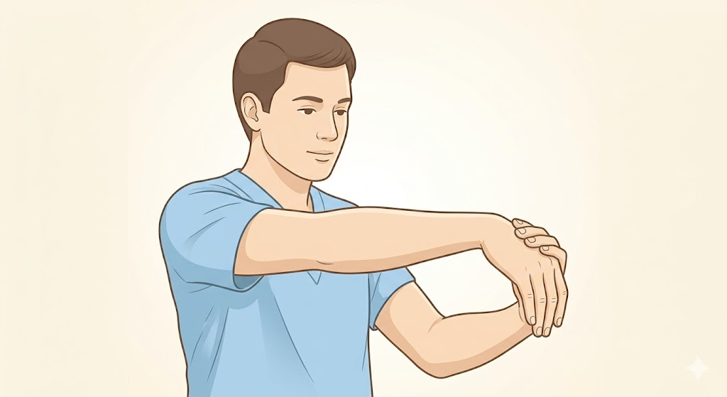 テニス肘のセルフストレッチ：腕を伸ばして手首を曲げるストレッチのイラスト