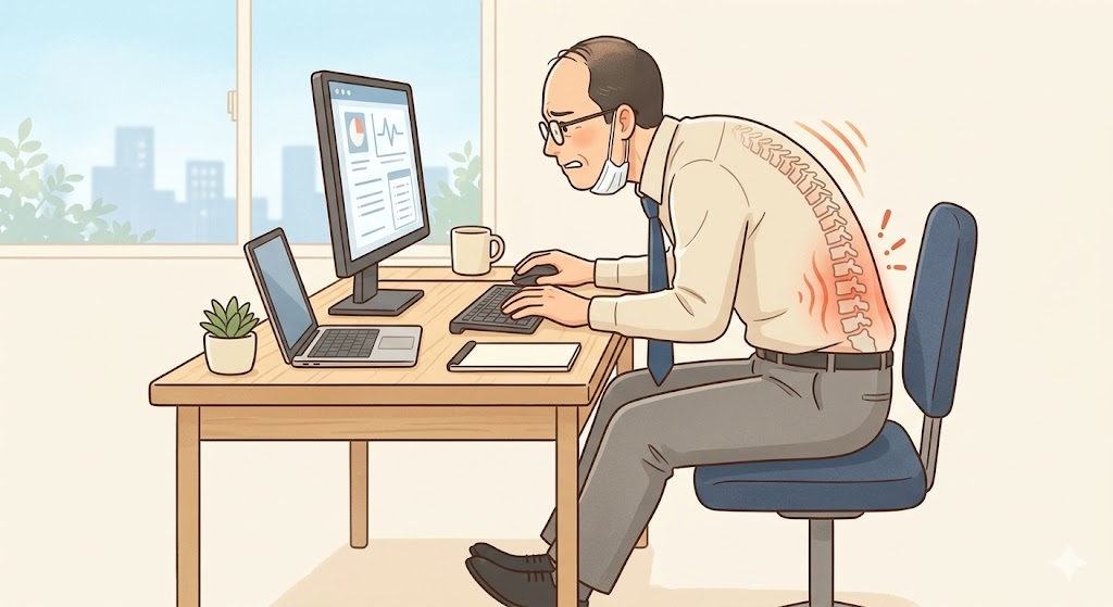 デスクワーク中に腰への負担がかかっている姿勢のイラスト